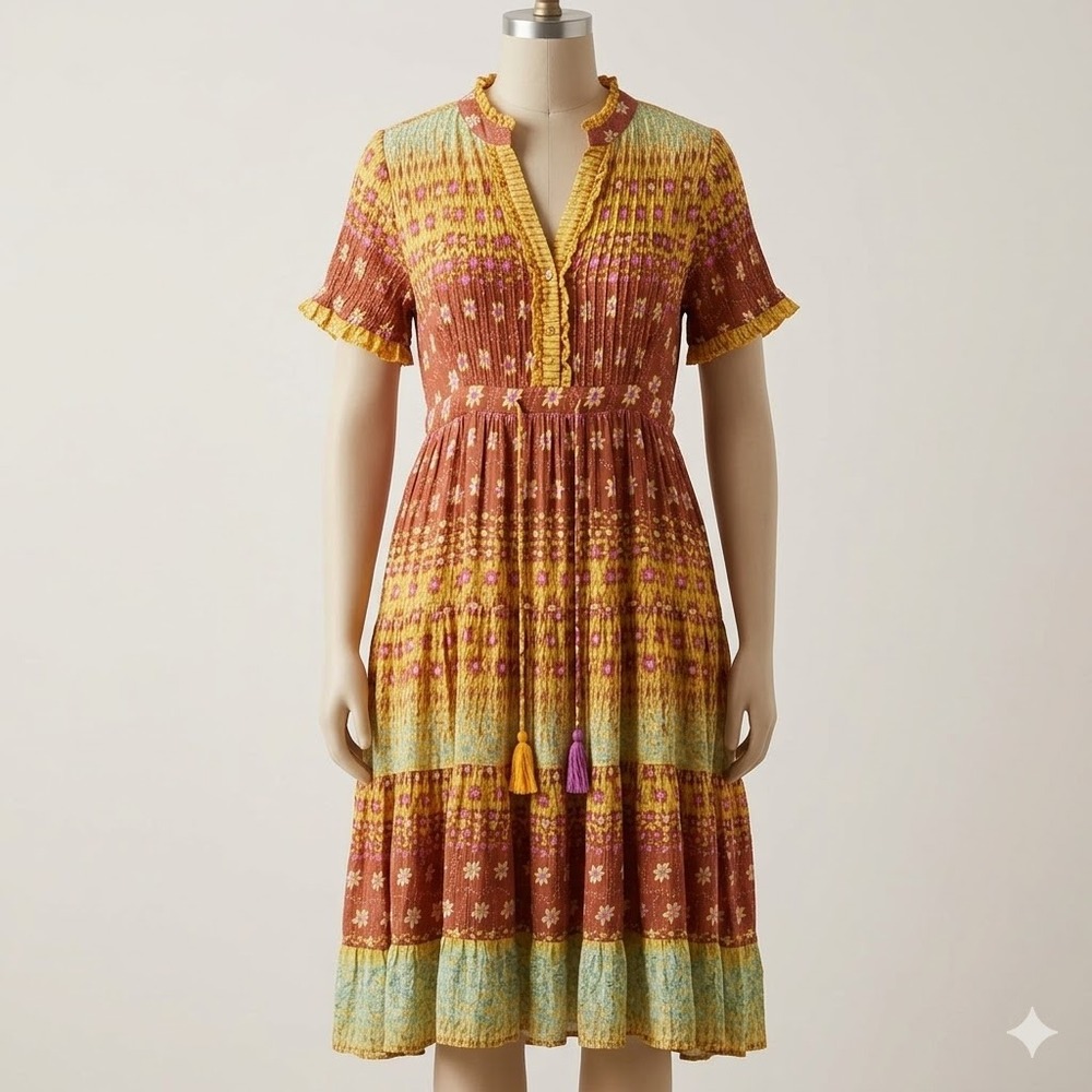 Free People Rare Feelings Midi Dress Warm Floral Tiered Boho Tassel Women Size M